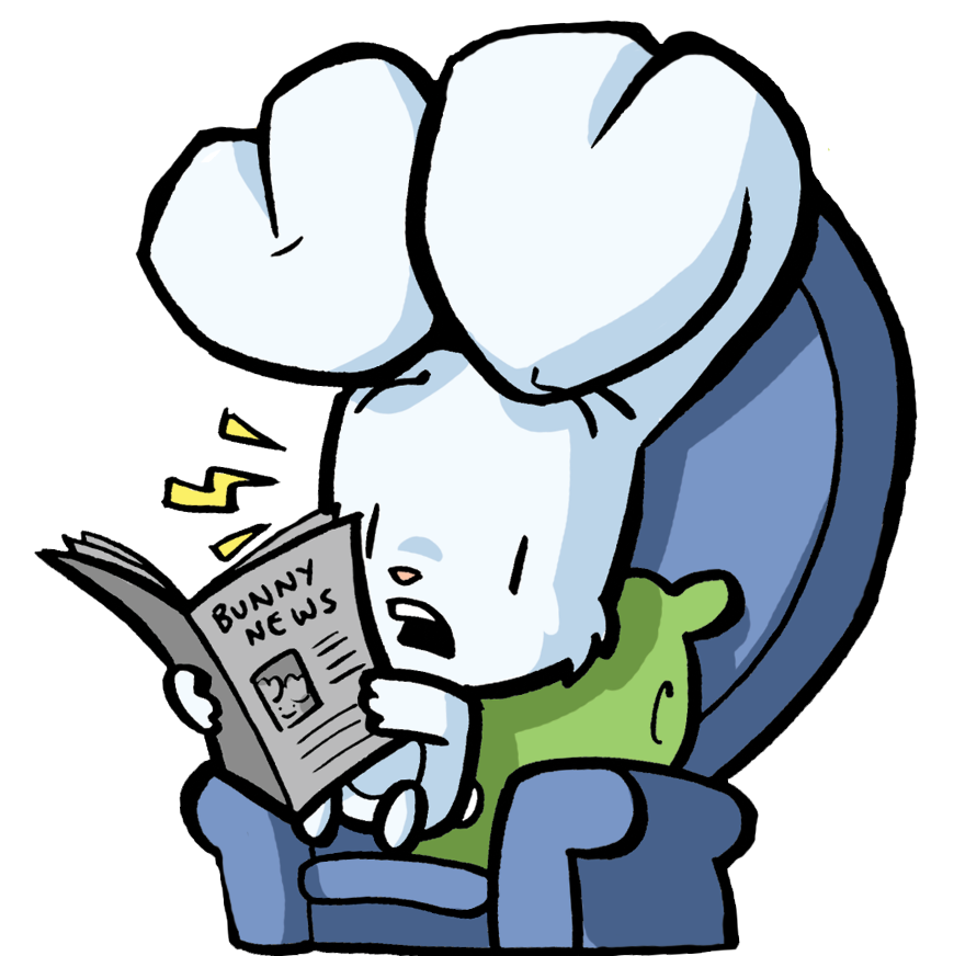 Bunny reading the Bunny News in an armchair